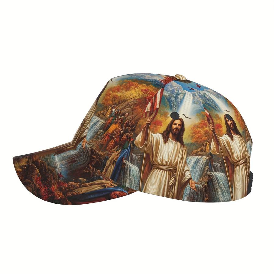 Adjustable Polyester Baseball Cap Jesus and American Flag Print Curved Brim Sports Running H