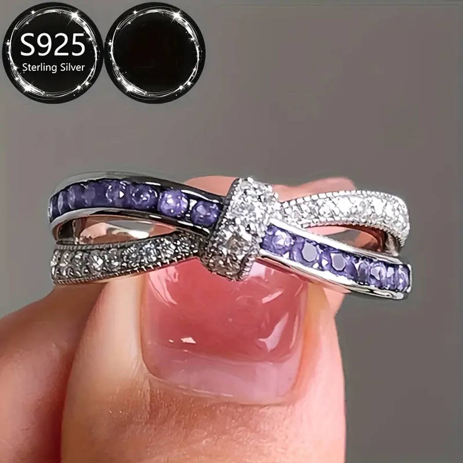 Elegant 925 Silver Ring with Sparkling Purple Cubic Zirconia