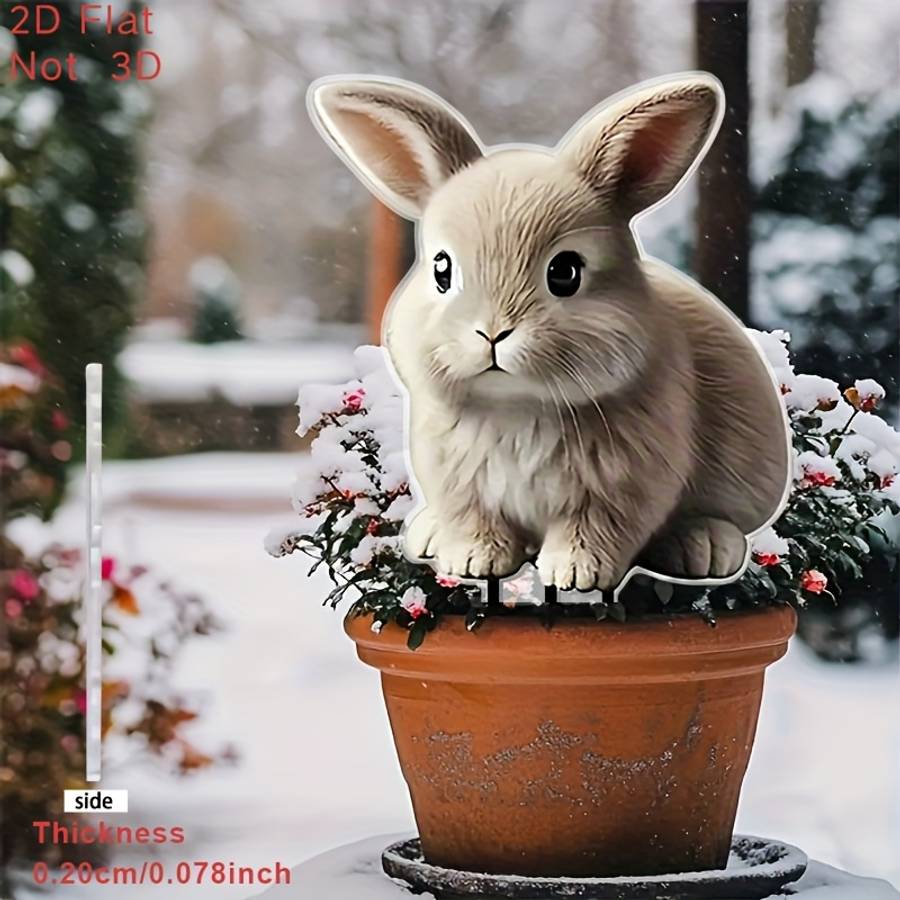 1pc 2D Flat   Charming Acrylic Rabbit Garden Stake Adorable Light Brown Bunny with Green Eyes