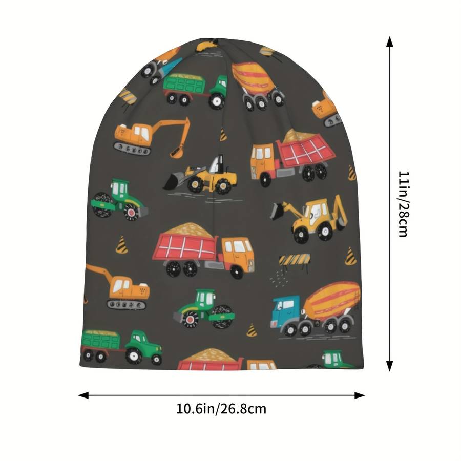 1pc Cute Cartoon Construction Vehicles Knit Cap for Men Elastic Bandeau Hat Lightweight Polyester