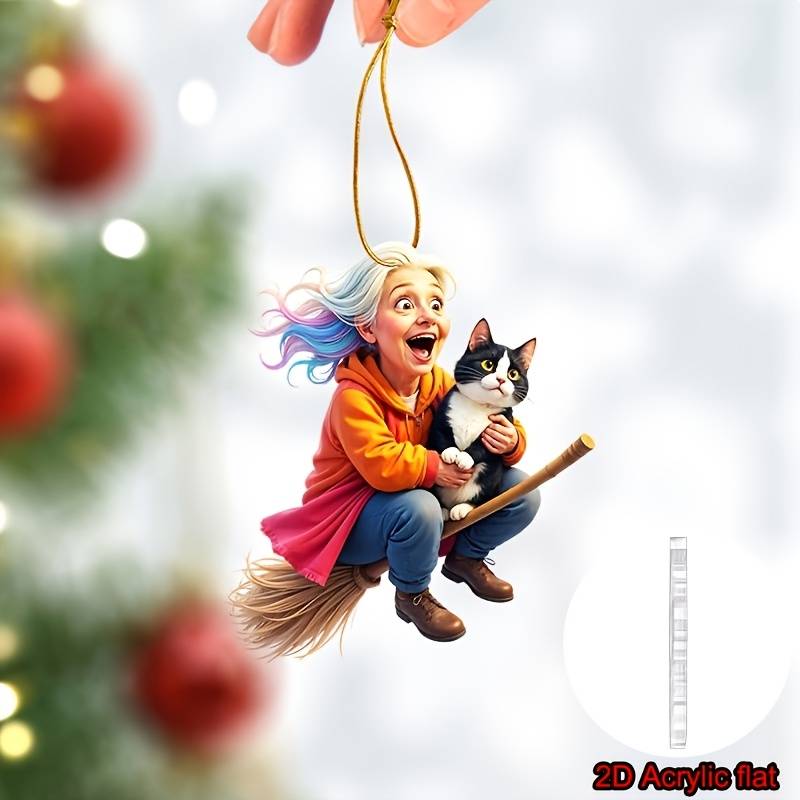 1pc 2D Flat    Whimsical Acrylic Ornament- Grandma on a Broom with a Cat  Perfect for car