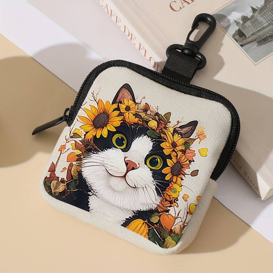 1pc Adorable Cat Sunflower Pattern Large Capacity Coin Purse Multi-Function Zippered Wallet