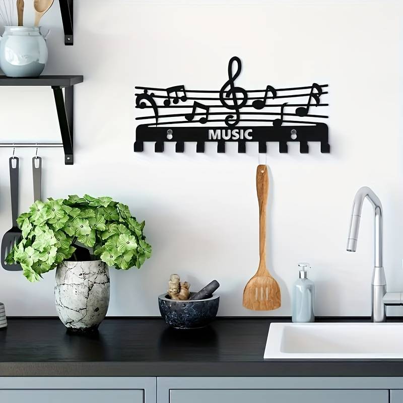 1pc Black Iron Music Note Key Hook Rack Multifunctional Wall-Mounted Storage Organizer Painted Fin