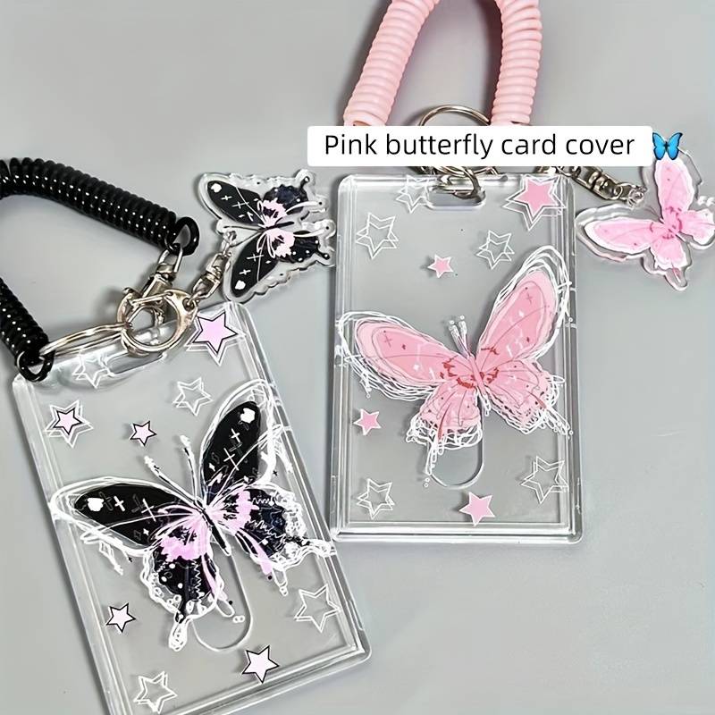 1pc Y2K-Inspired Butterfly Design Transparent ID Card Holder with Keychain Durable Plastic Anti-