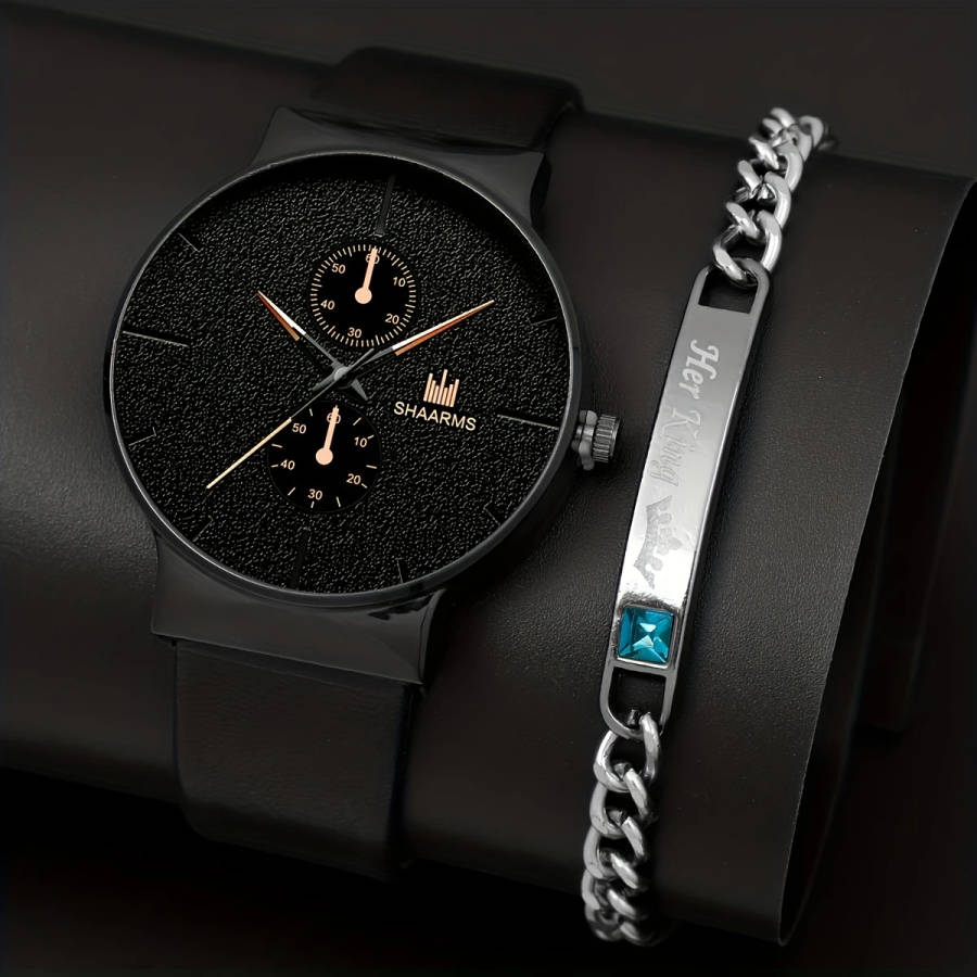 2pcs set Fashion Men's Simple Business Quartz Watch Bracelet Set Ideal Choice For Gifts Color sent