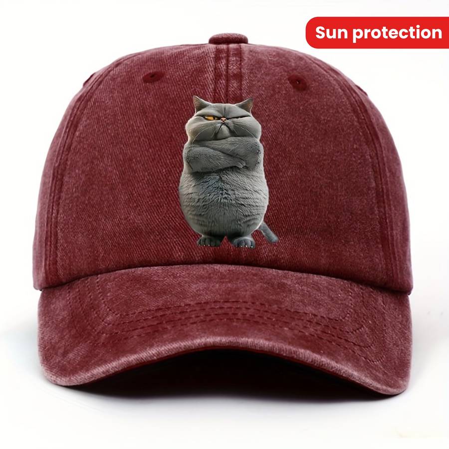 1pc Adjustable Cotton Baseball Cap with Funny Cat Print Unisex Vintage Washed Hat Pre-Curved Sun