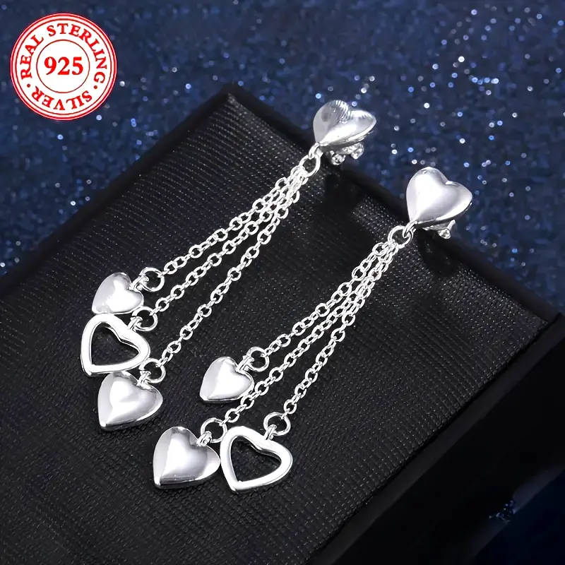 925 Sterling Silver Tassel Heart Pendant Earrings