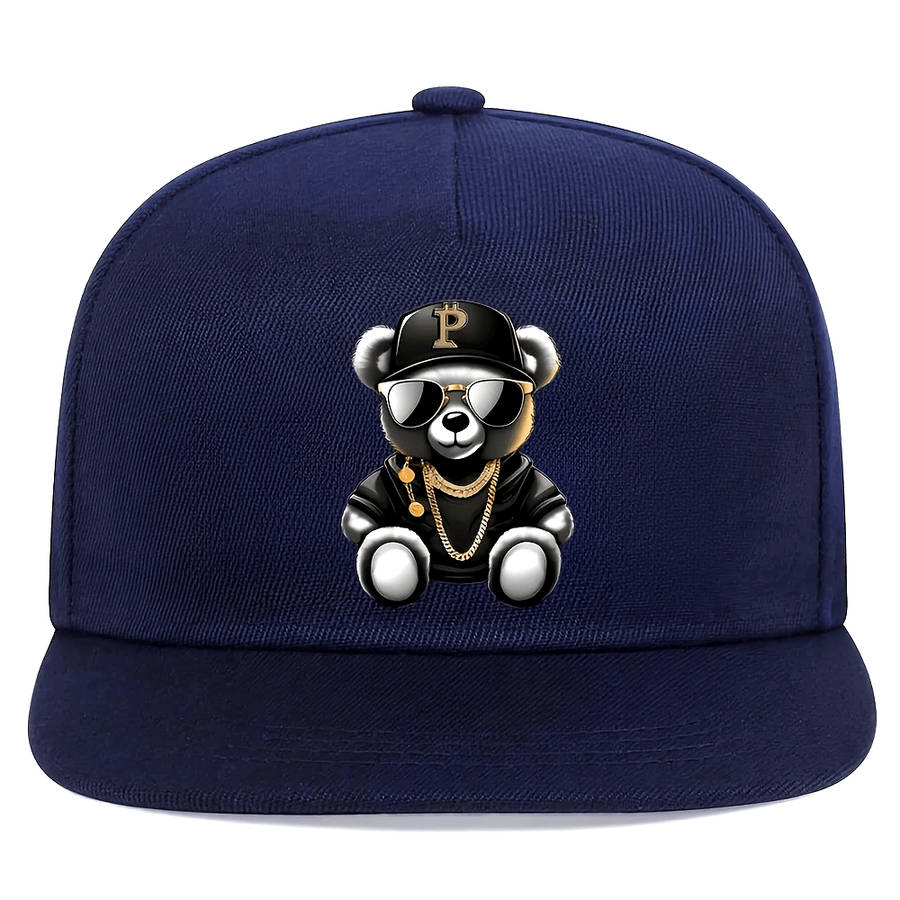 1pc Hip Hop Bear Print Flat Brim Cap Unisex Adjustable Street Style Baseball Hat 100% Polyest