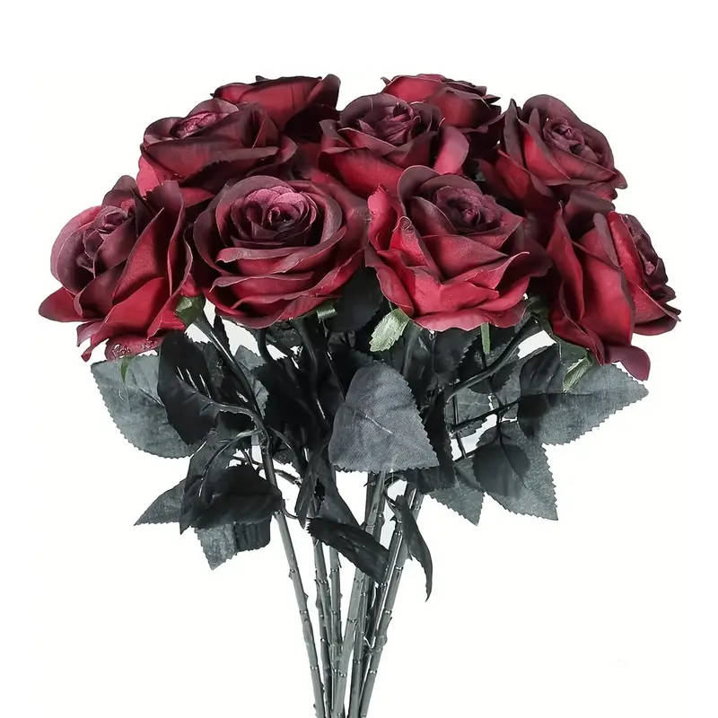 10 Piece Black/Red Artificial Roses with Stems - Realistic Faux Flowers for Gothic Weddings