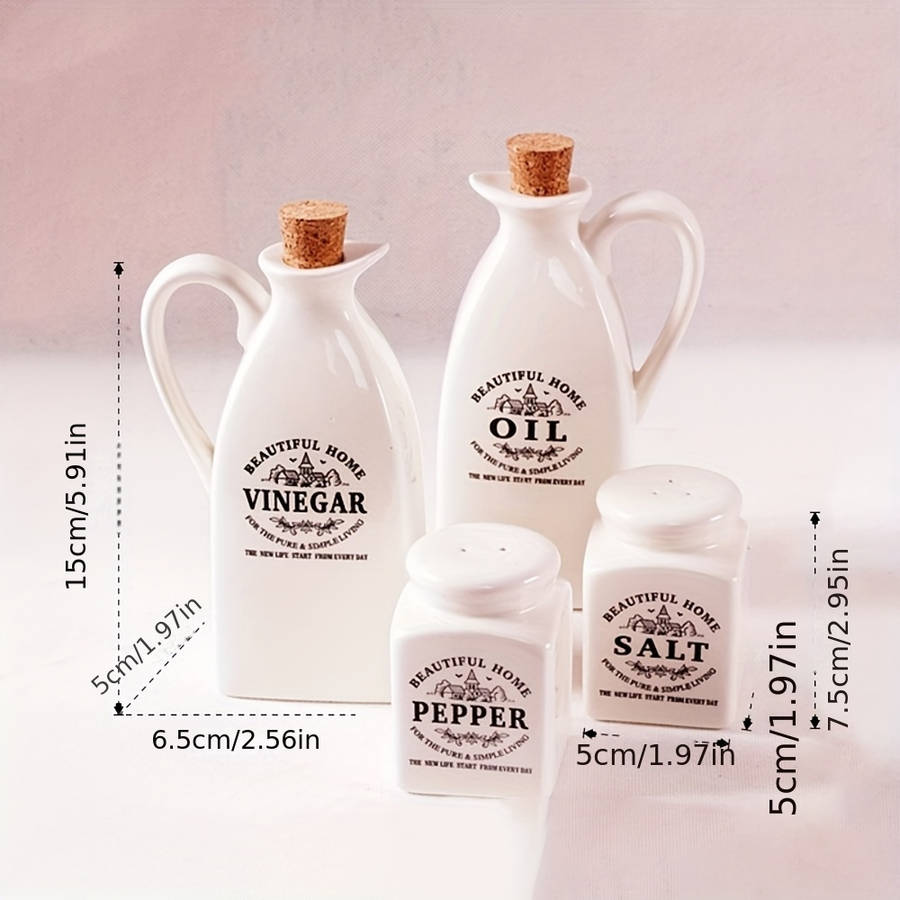 4pcs Ceramic Kitchen Storage Bottles with Cork Lids Rust-Proof Oil Spice Jars Vintage-Insp