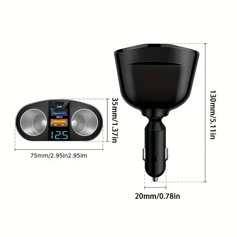 1pc One-Tow-Five Car Charger 2 Car Power Hole 2USB Port 1USB Type-C Port Fast Charging Universal 12/