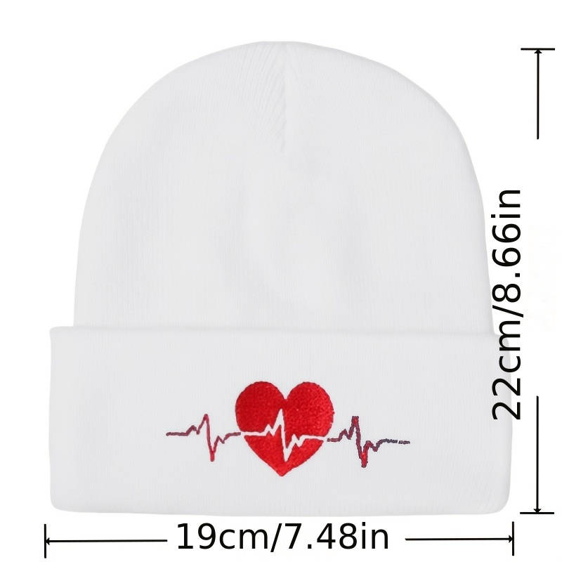 1pc Heartbeat Embroidered Beanie Soft Acrylic Knit Winter Hat Elastic Lightweight Machine