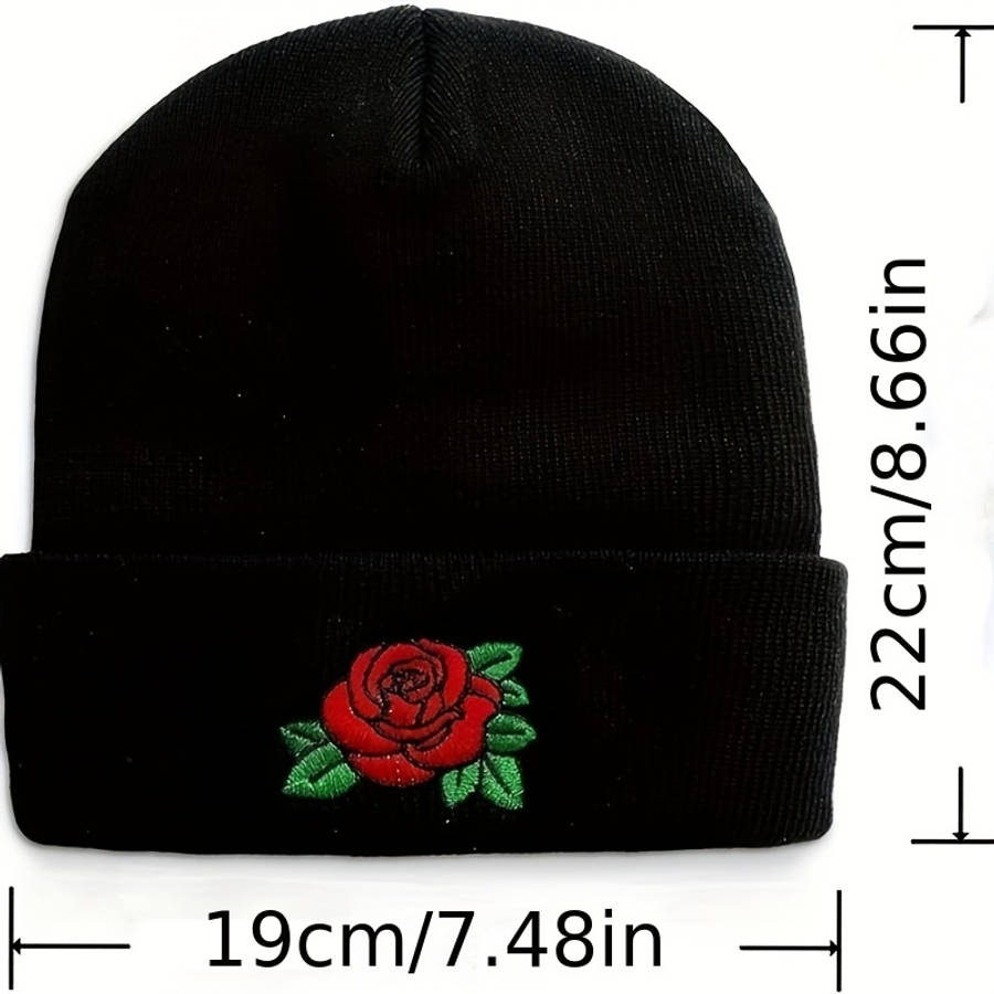 Embroidered Rose Beanie Hat 100% Acrylic Knit Cap with Elasticity Lightweight Winter Headwear