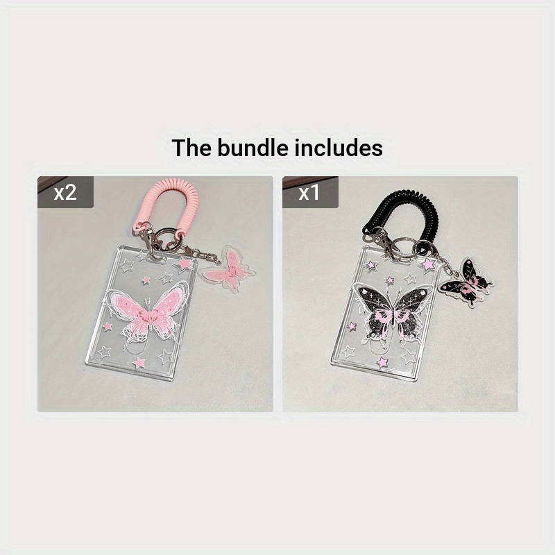 1pc Y2K-Inspired Butterfly Design Transparent ID Card Holder with Keychain Durable Plastic Anti-