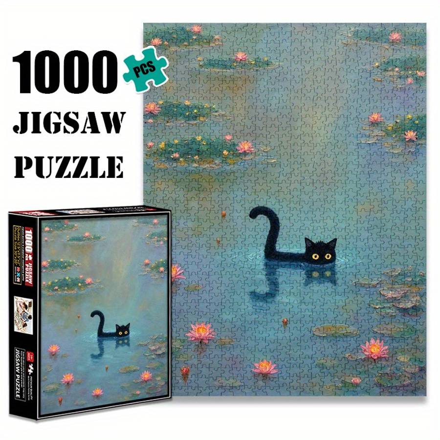 1000pcs Black Cat Pond Jigsaw Puzzle Scratch Water Resistant Advanced DIY Brain