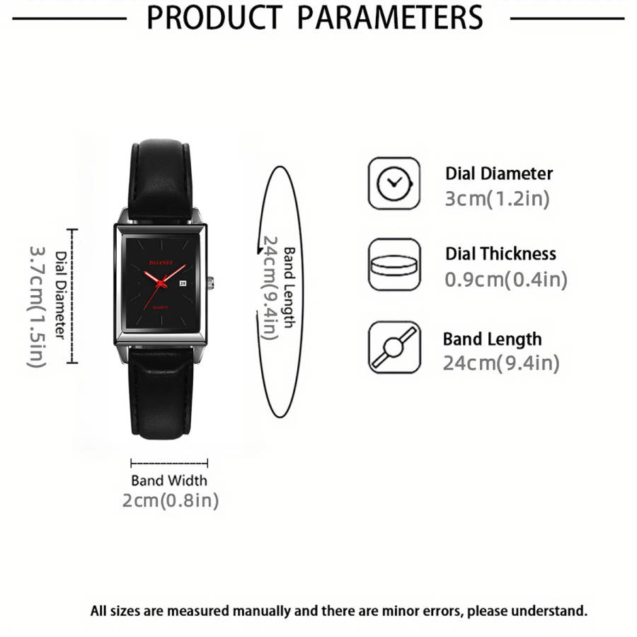 1pc Elegant Rectangular Quartz Watch for Men and Women with PU Leather Strap Date Display and Stylis