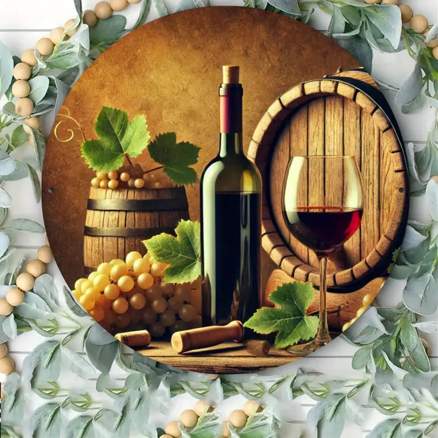 Vintage-Themed Grape And Barrel 2D Round Aluminum Sign High-Definition Foil Engraving Wall Decor