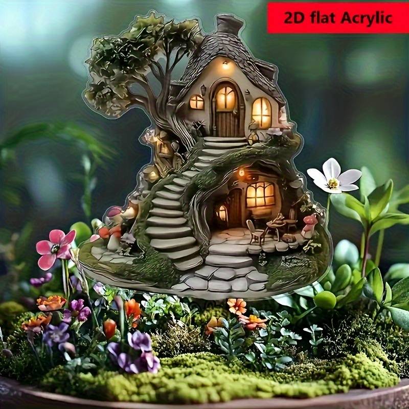 1pc 2D Flat  Glimm-Style Crystal Fairy Tree House Garden Plate Enchanting Lawn Ornament with Ston