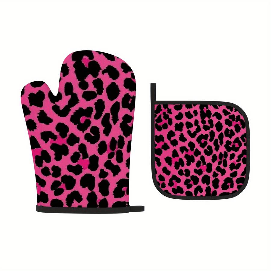 2pcs Pink Leopard Print Oven Mitts Heat Resistant Polyester Pot Holders with Black Paw Prints