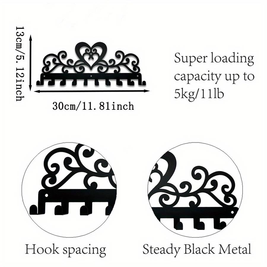 Vintage Heart-Shaped 10-Hook Black Metal Key HolderStylish Wall-Mounted Organizer for K