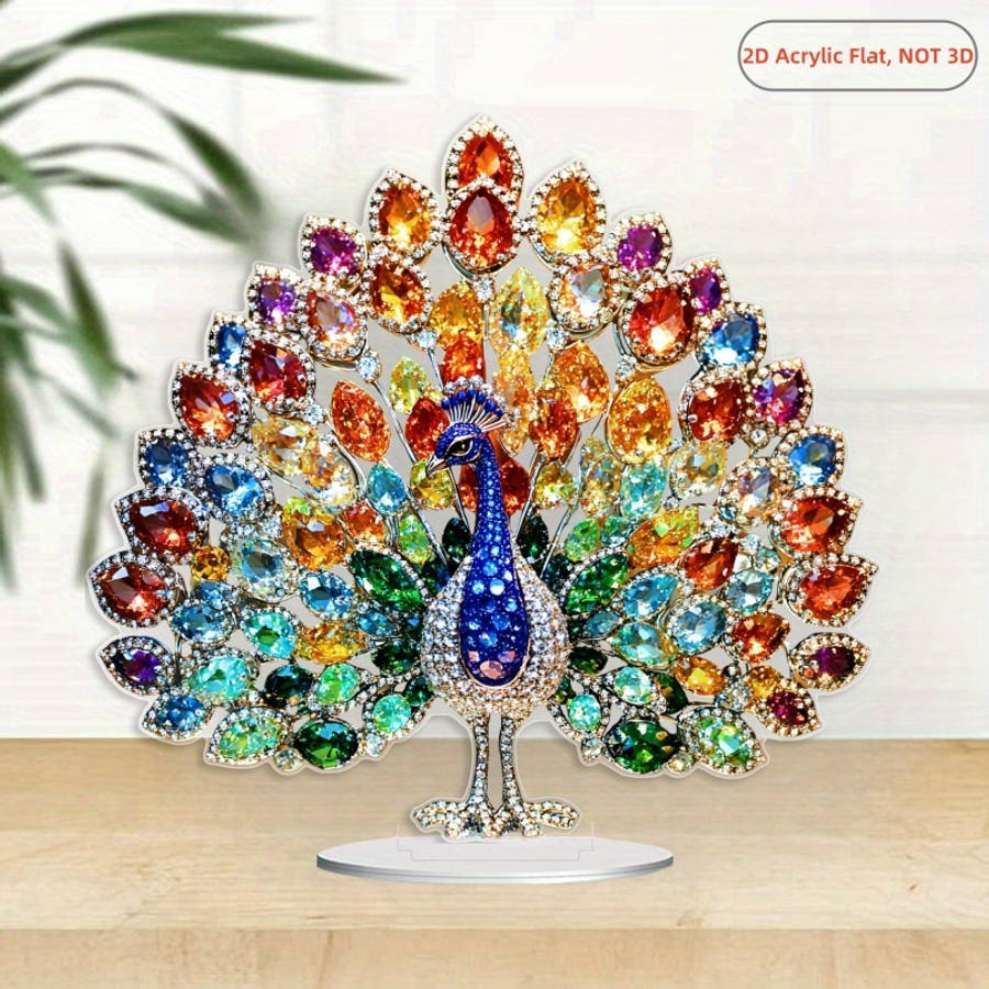 1pc 2D Flat  Vibrant  Acrylic Peacock Tabletop Display with Base Colorful Gemstone Design 18.3