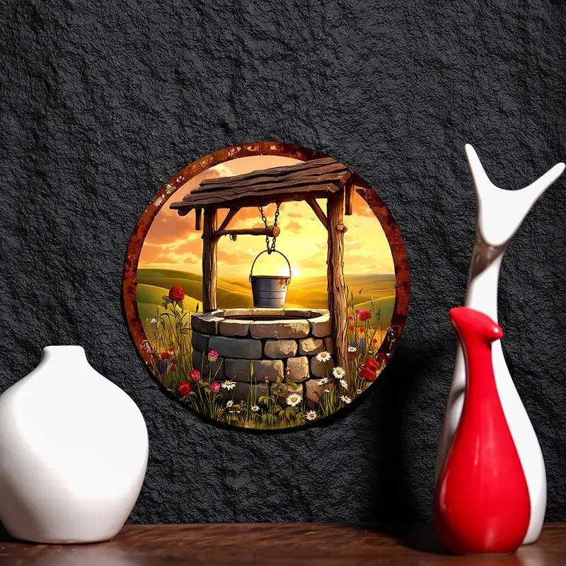 1pc Room Decor Rustic Well Sunset Aluminum Wall Art Circular Foil Engraving Sign 19.81 cm Ideal for