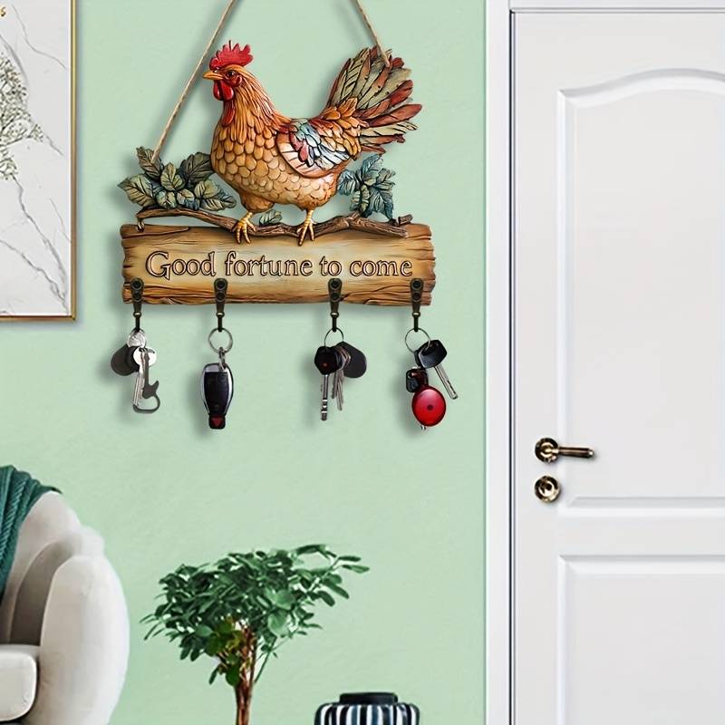 1 piece2Dflat Colorful Chicken Simple Colorful Wooden Household Key Hook with Four Metal Hooks(5.0
