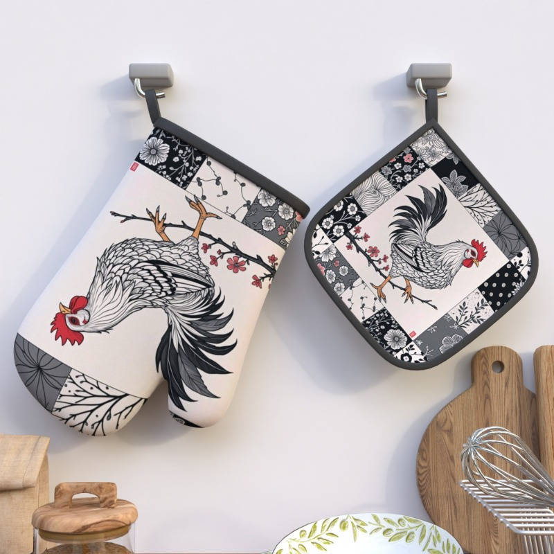 2pcs Rooster Plum Blossom Heat-Resistant Oven Mitts Floral Chinese Design 26.92x17.02 cm