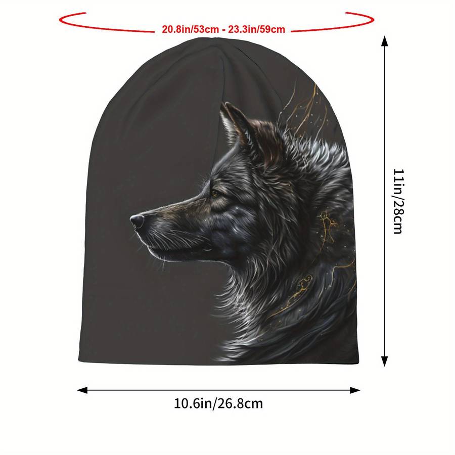 1pc Hip Hop Beanie Hat with Night Moon Wolf Greeting Skull Cap Design Fashionable Knit Polyester a