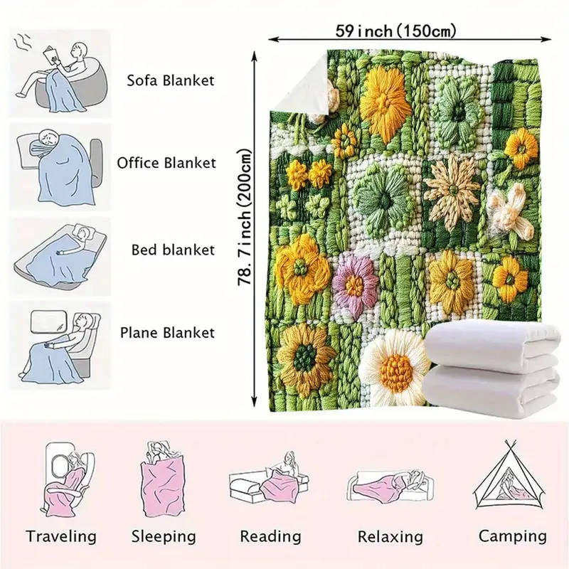 1 Floral Crochet Flannel Throw Blanket 150*200cm