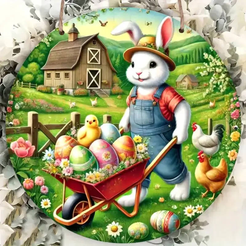1pc Easter Bunny Delivery Theme Round Wooden Sign 2D Flat Printed Wall Hanging Plaque for Home Kitch