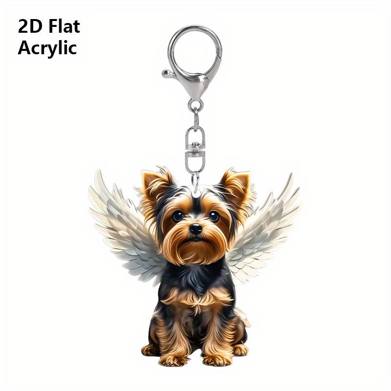 1pc 2D Flat Charming Yorkshire Terrier Acrylic Keychain with Angel Wings Cute  Design Transparent