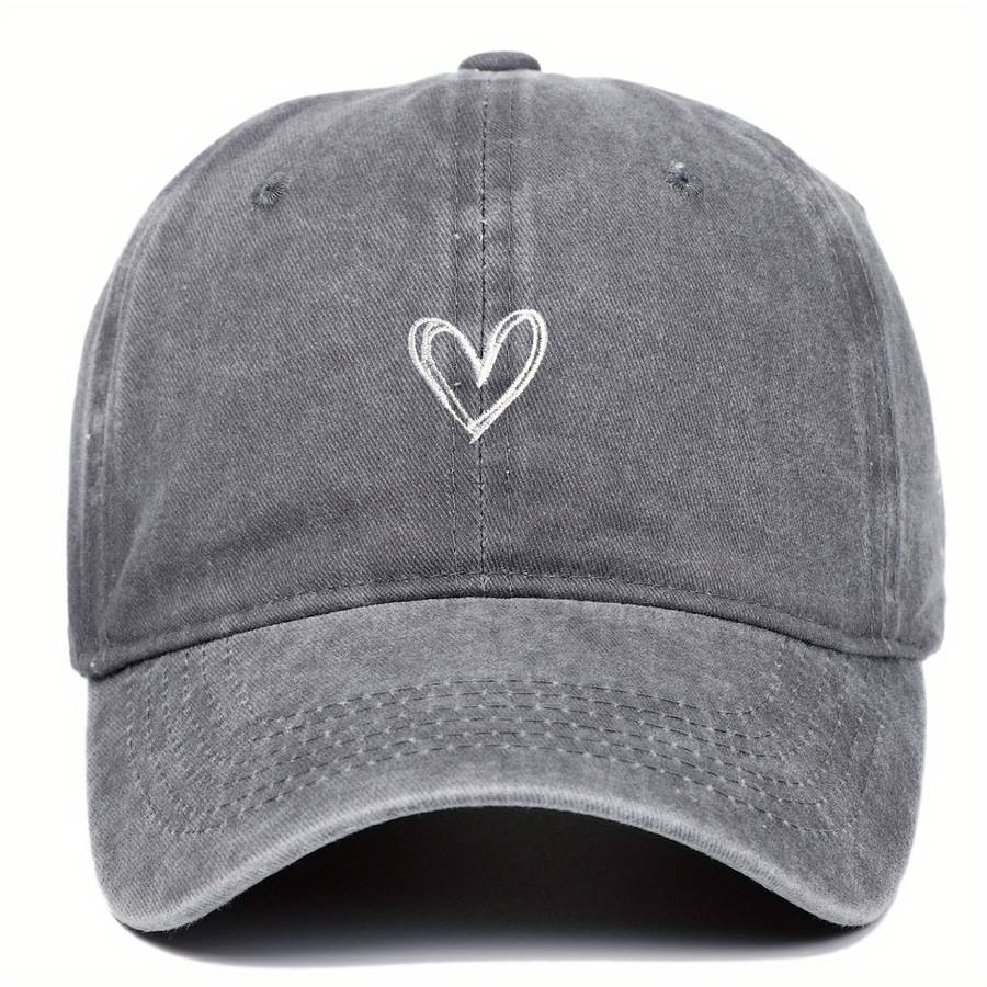 A Unisex Adjustable Baseball Cap With A Heart Pattern Embroidery That Is Washable.