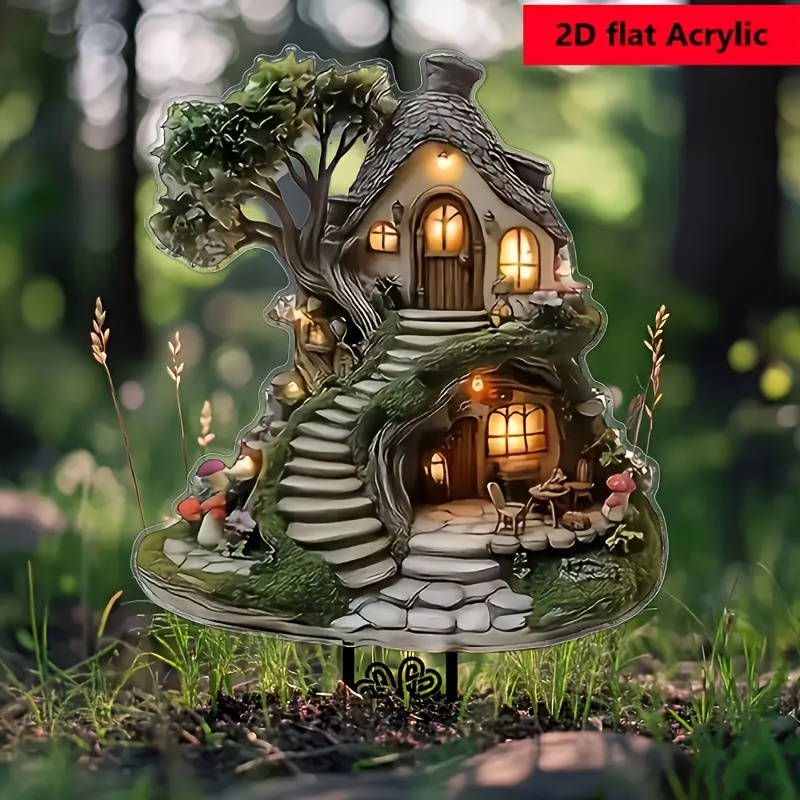 1pc 2D Flat  Glimm-Style Crystal Fairy Tree House Garden Plate Enchanting Lawn Ornament with Ston