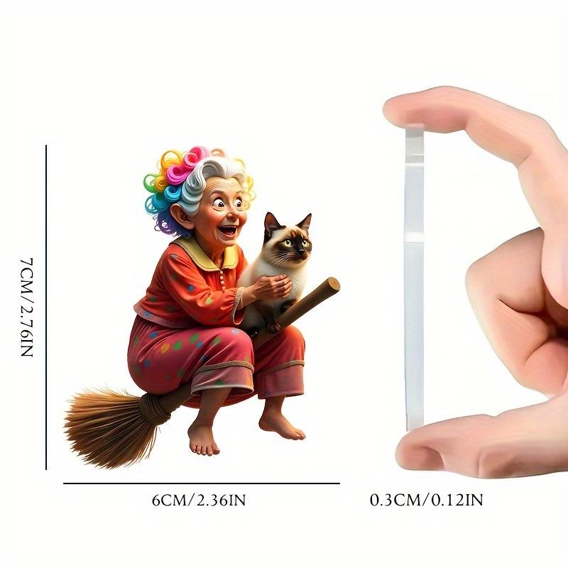 1pc 2D Flat    Whimsical Acrylic Ornament- Grandma on a Broom with a Cat  Perfect for car