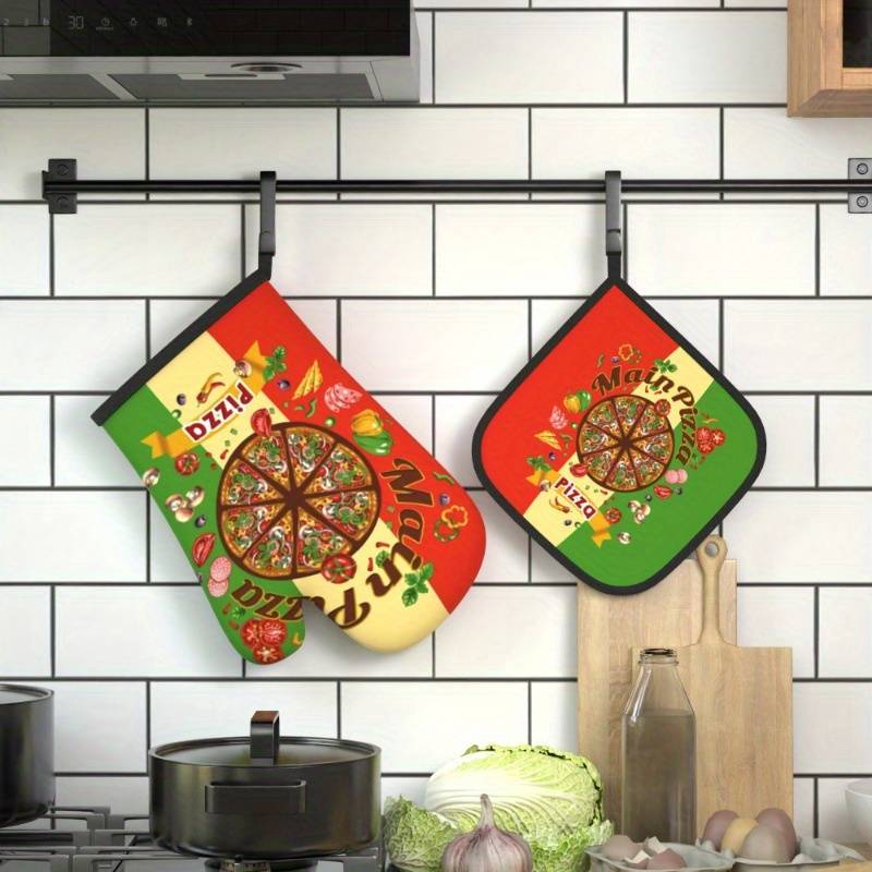 2pcs Colorful Pizza Slice Oven Mitts Pot Holders Heat Resistant Machine Washable Polyester