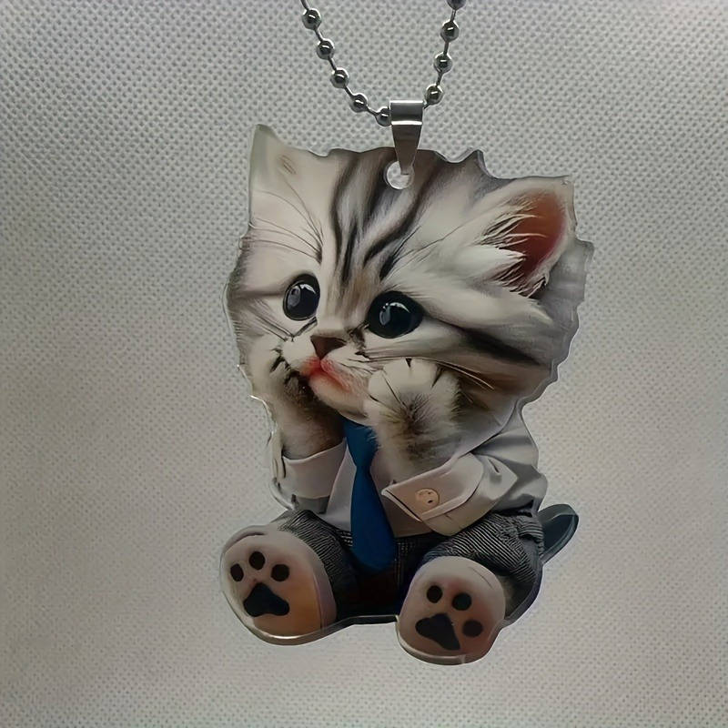 1pc 2D Flat  Adorable Shy Cat Acrylic Hanging Ornament Collectible Feline Memorial with Blue Shirt