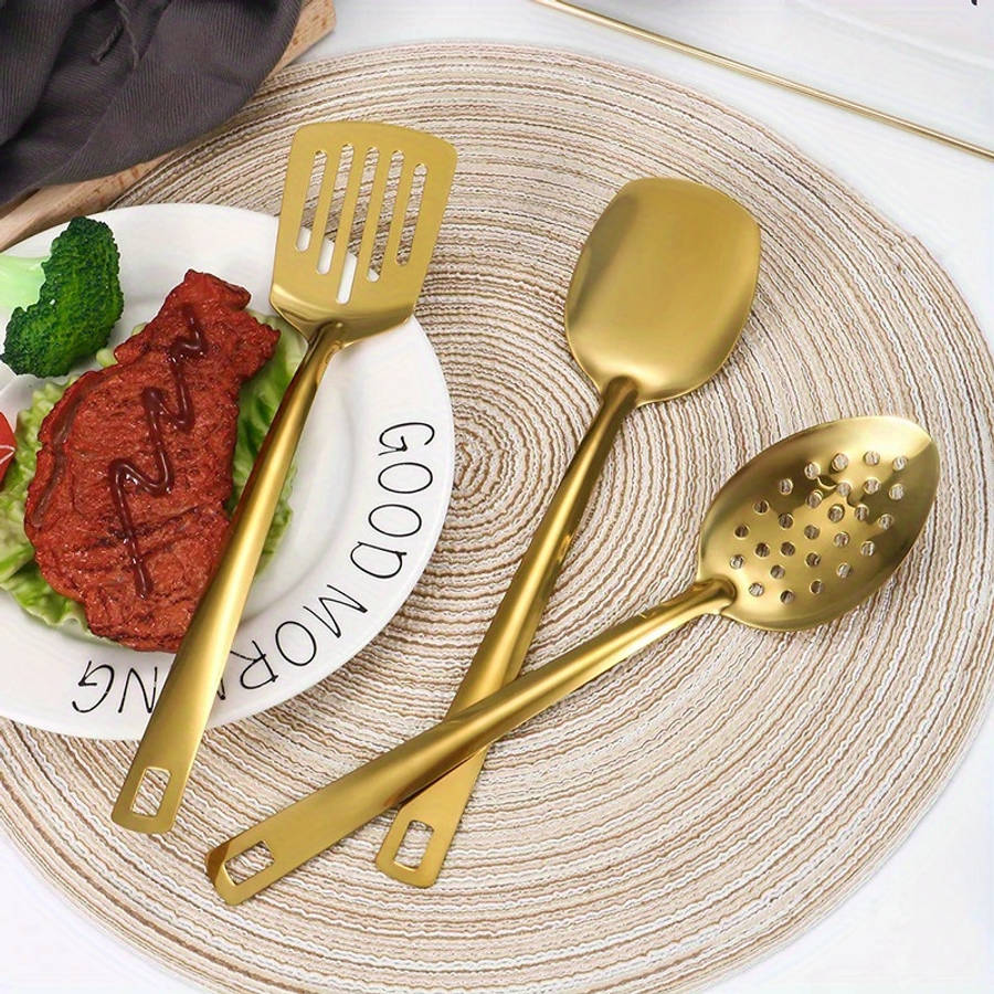 6pcs Gold-Plated Stainless Steel Kitchen Utensil Set Includes Soup Spoon Colander Frying Sh