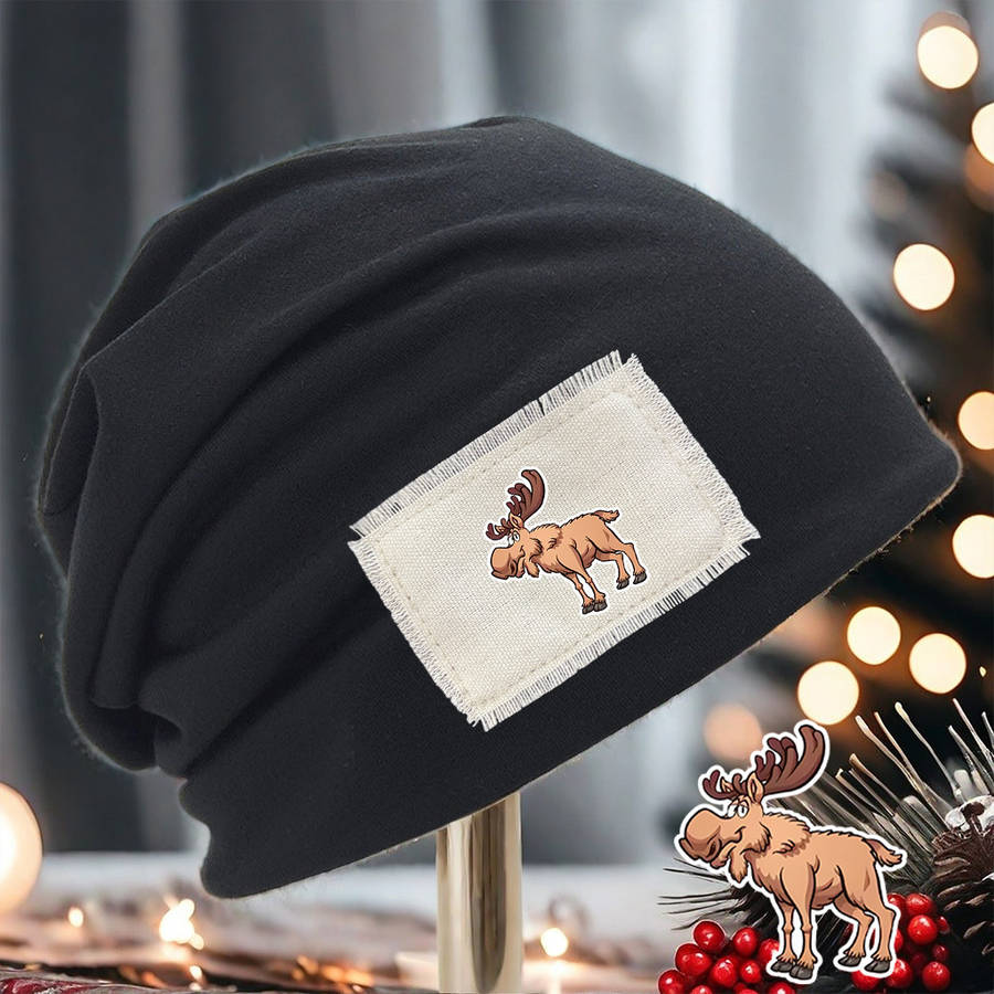 Cozy Moose Print Beanie Hat Unisex Stretch Fit Lightweight Washable Brown With White Pat