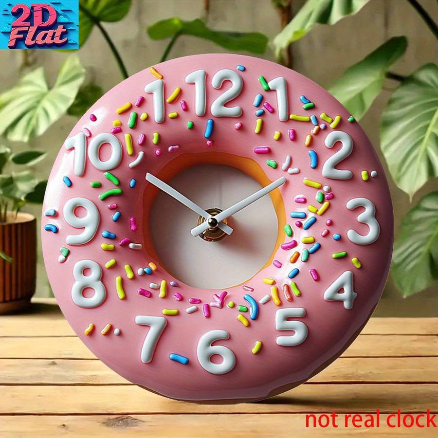 2D Flat Aluminum Wall Clock Pink Donut Shape with Colorful Sprinkles Frosting Not real clock