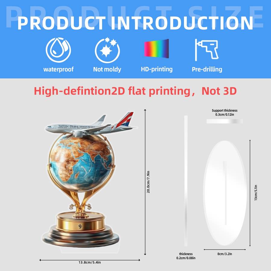 1pc 2D Flat    8-Inch Acrylic Earth Globe with Airplane Bohemian Style  Decor