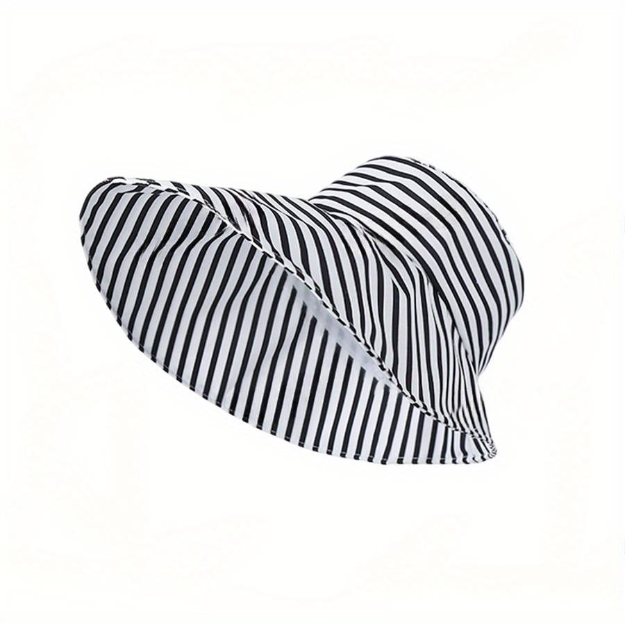 Black White Striped Wide Brim Bucket Hat Lightweight Breathable Sun-Protective Fisherman