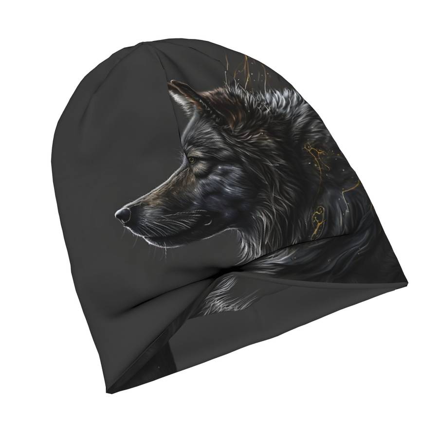1pc Hip Hop Beanie Hat with Night Moon Wolf Greeting Skull Cap Design Fashionable Knit Polyester a