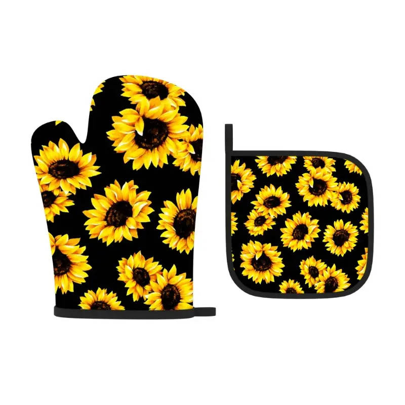 2pcs Sunflower Oven Mitt Set Heat Resistant Polyester Kitchen Gloves and Potholders Woven Machine Wa