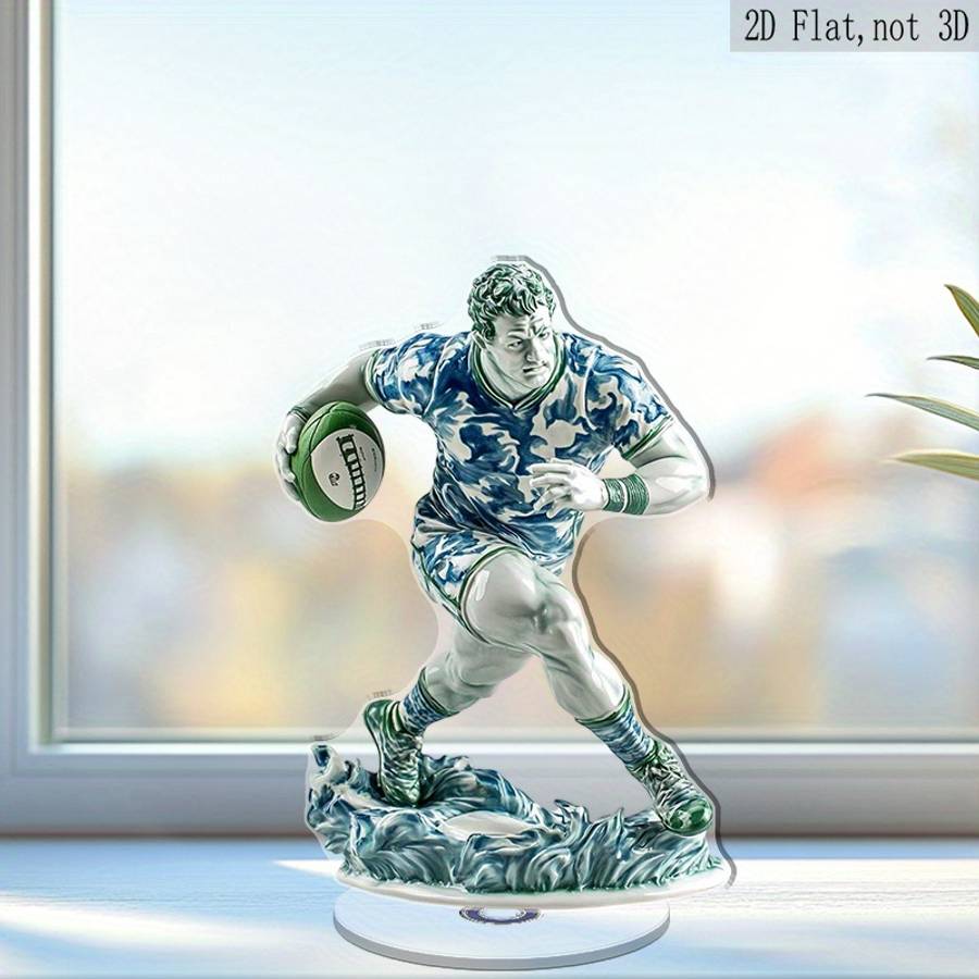 2D Flat Rotating Acrylic Rugby Player Figurine Blue and White Porcelain Style Relax Deskt