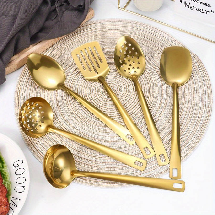 6pcs Gold-Plated Stainless Steel Kitchen Utensil Set Includes Soup Spoon Colander Frying Sh