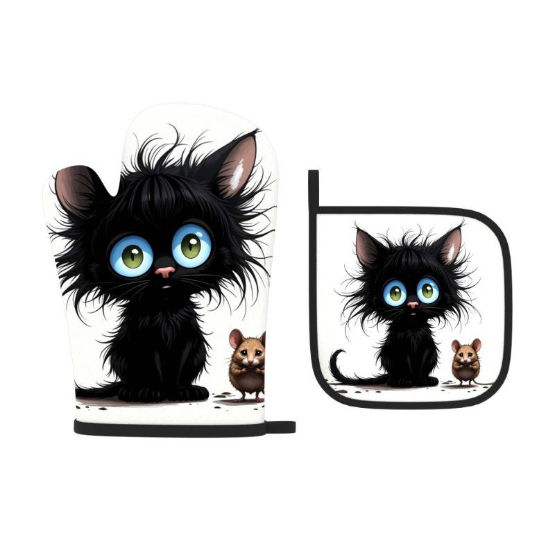 2pcs Heat-Resistant Oven Mitts Potholders Cute Black Kitten Brown Mouse Design 26.92x17.
