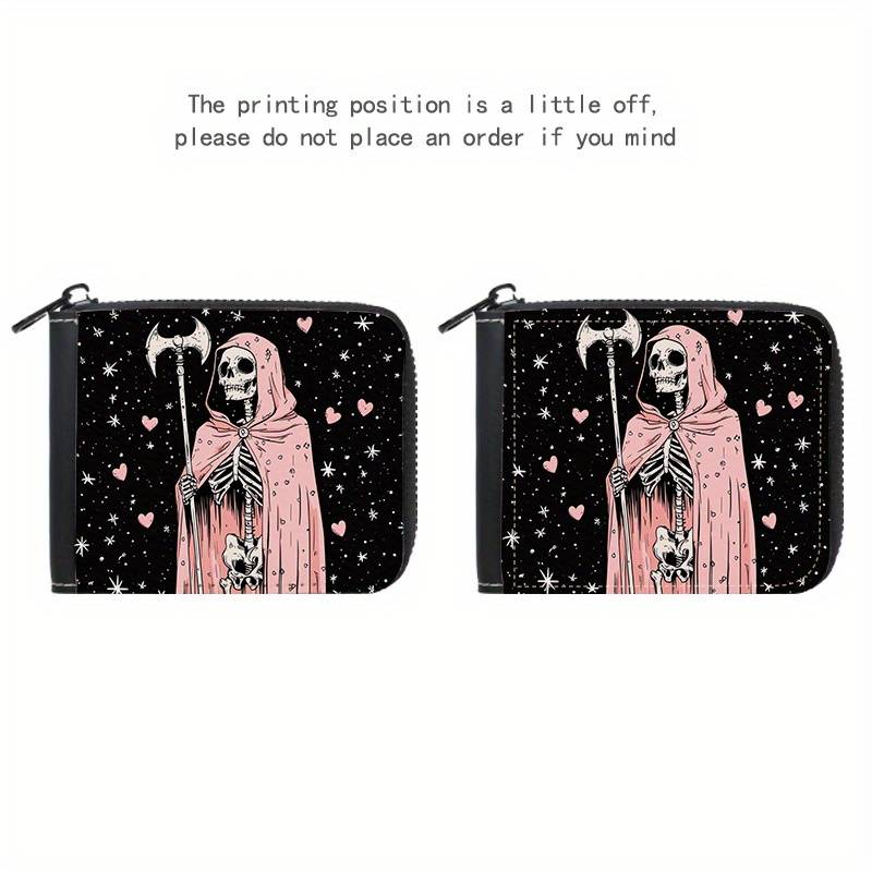 1pc Grim Reaper Pink Skull Print Wallet with 9+2 Card Slots C Stylish Zippered Purse for Everyday U