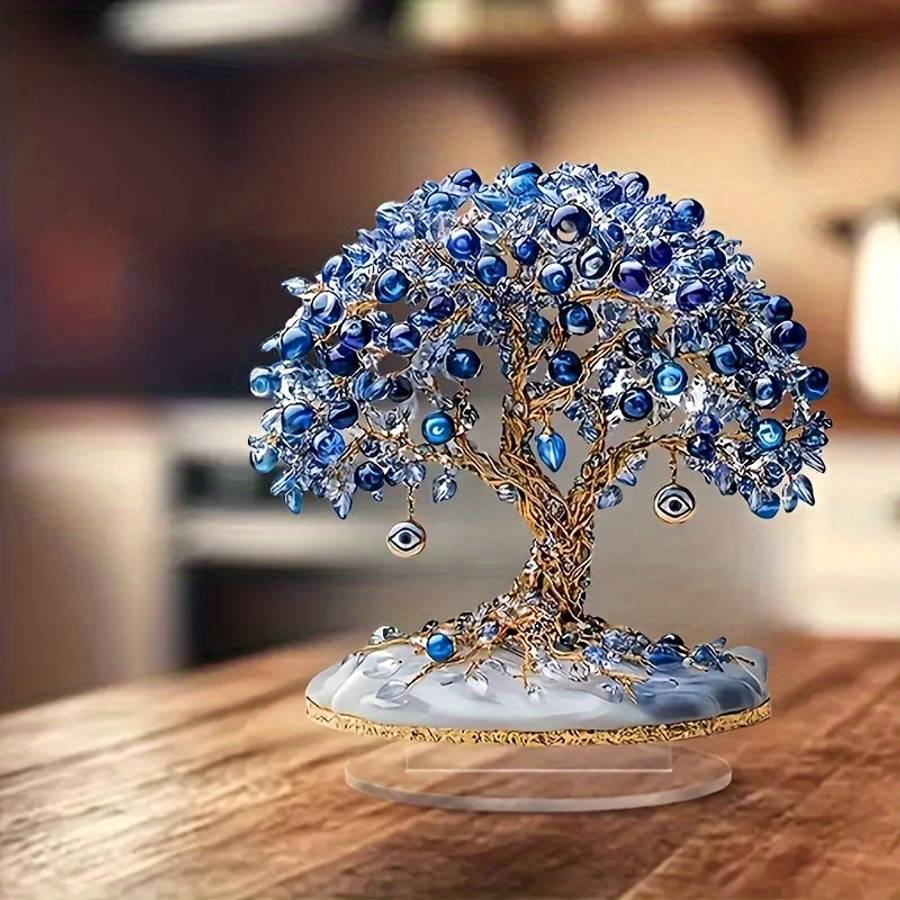 1pc 2D Flat  Elegant  Turkish Evil Eye Tree Acrylic Desktop Decor Blue Clear Beads with Golde