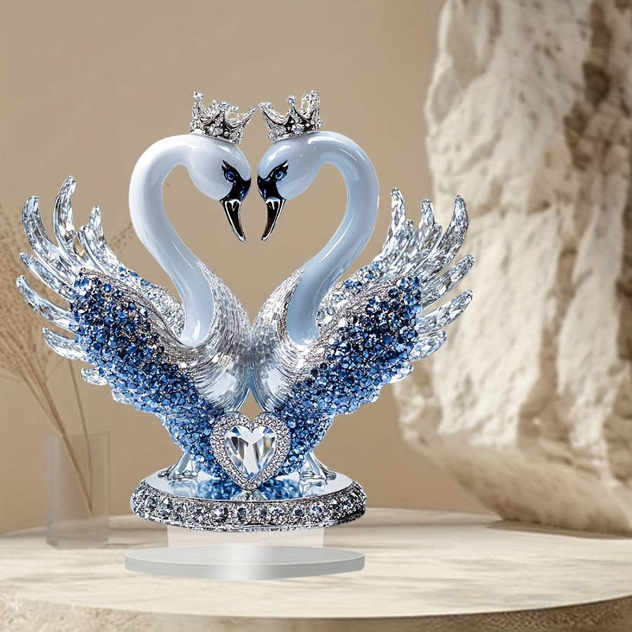 1pc 2D Flat   Ornate Style Acrylic Swan Statue with Heart Shaped Crown Romantic Desktop Decorat